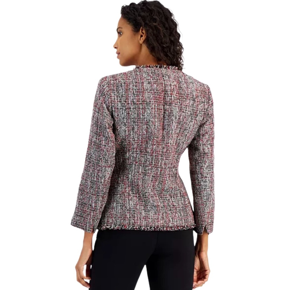 Kasper Women's One-Button Fringe Tweed Blazer, Regular & Petite NWT Red/Black - Picture 2 of 4